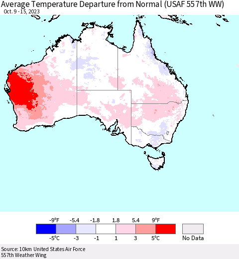 Australia Average Temperature Departure from Normal (USAF 557th WW) Thematic Map For 10/9/2023 - 10/15/2023