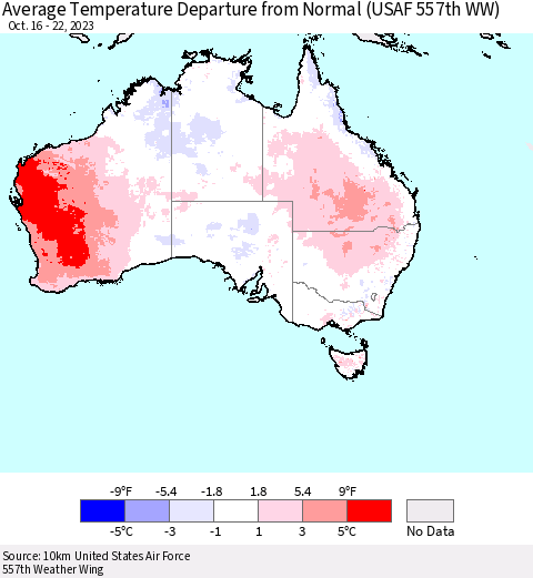 Australia Average Temperature Departure from Normal (USAF 557th WW) Thematic Map For 10/16/2023 - 10/22/2023