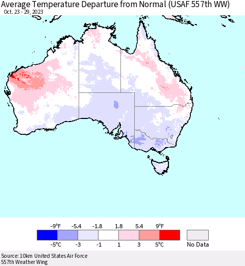 Australia Average Temperature Departure from Normal (USAF 557th WW) Thematic Map For 10/23/2023 - 10/29/2023
