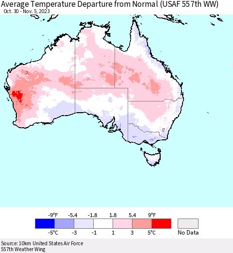 Australia Average Temperature Departure from Normal (USAF 557th WW) Thematic Map For 10/30/2023 - 11/5/2023