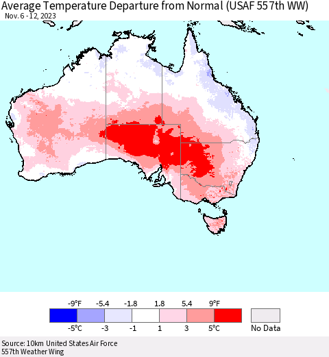Australia Average Temperature Departure from Normal (USAF 557th WW) Thematic Map For 11/6/2023 - 11/12/2023