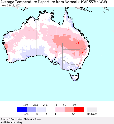Australia Average Temperature Departure from Normal (USAF 557th WW) Thematic Map For 11/13/2023 - 11/19/2023