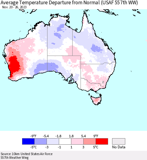 Australia Average Temperature Departure from Normal (USAF 557th WW) Thematic Map For 11/20/2023 - 11/26/2023