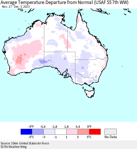 Australia Average Temperature Departure from Normal (USAF 557th WW) Thematic Map For 11/27/2023 - 12/3/2023
