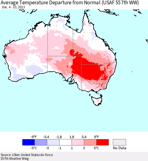 Australia Average Temperature Departure from Normal (USAF 557th WW) Thematic Map For 12/4/2023 - 12/10/2023