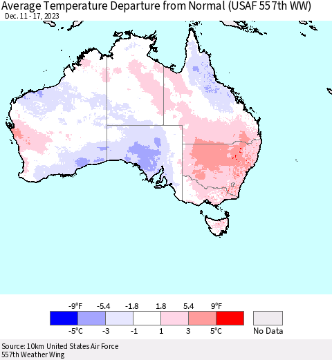 Australia Average Temperature Departure from Normal (USAF 557th WW) Thematic Map For 12/11/2023 - 12/17/2023