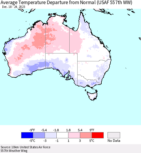 Australia Average Temperature Departure from Normal (USAF 557th WW) Thematic Map For 12/18/2023 - 12/24/2023