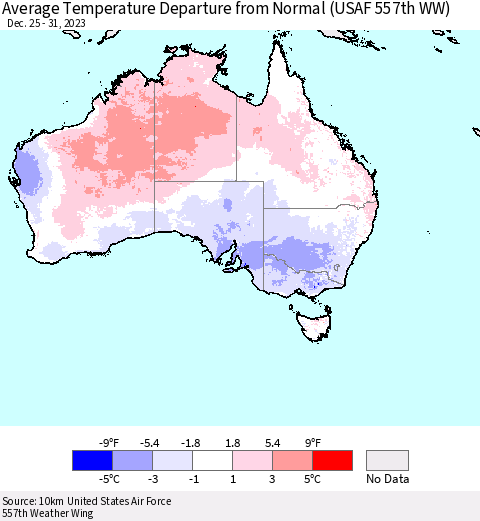 Australia Average Temperature Departure from Normal (USAF 557th WW) Thematic Map For 12/25/2023 - 12/31/2023