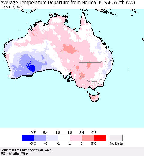 Australia Average Temperature Departure from Normal (USAF 557th WW) Thematic Map For 1/1/2024 - 1/7/2024