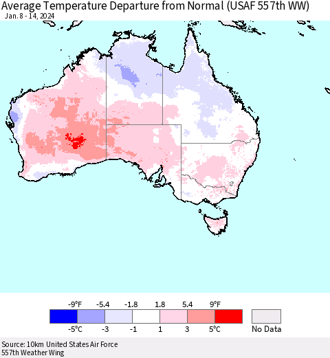 Australia Average Temperature Departure from Normal (USAF 557th WW) Thematic Map For 1/8/2024 - 1/14/2024