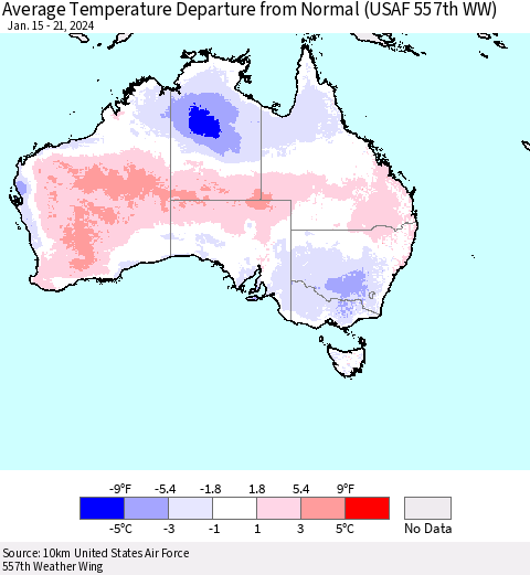 Australia Average Temperature Departure from Normal (USAF 557th WW) Thematic Map For 1/15/2024 - 1/21/2024