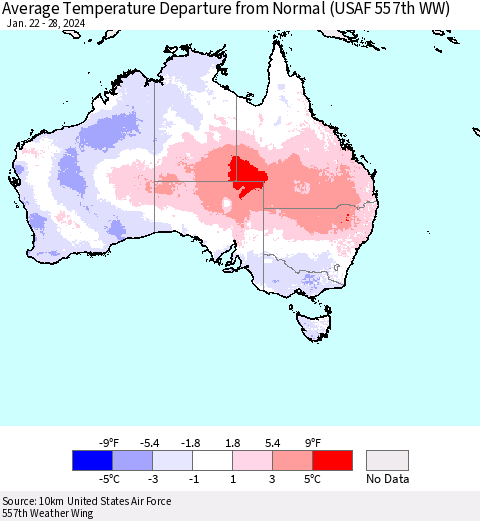 Australia Average Temperature Departure from Normal (USAF 557th WW) Thematic Map For 1/22/2024 - 1/28/2024