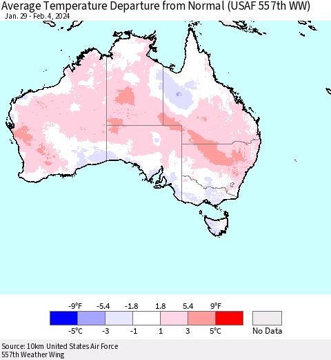 Australia Average Temperature Departure from Normal (USAF 557th WW) Thematic Map For 1/29/2024 - 2/4/2024