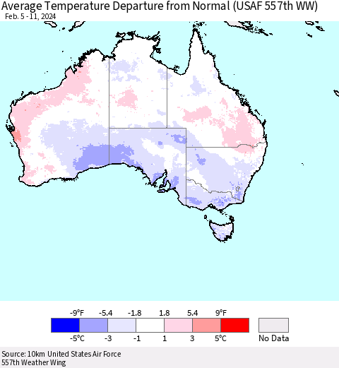 Australia Average Temperature Departure from Normal (USAF 557th WW) Thematic Map For 2/5/2024 - 2/11/2024