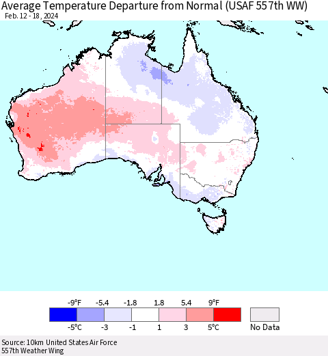 Australia Average Temperature Departure from Normal (USAF 557th WW) Thematic Map For 2/12/2024 - 2/18/2024