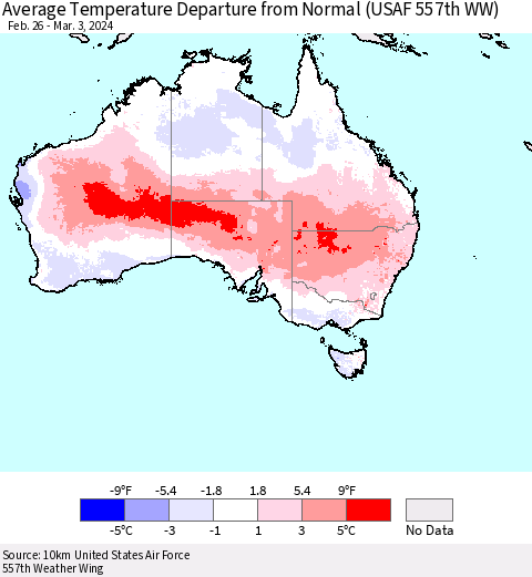 Australia Average Temperature Departure from Normal (USAF 557th WW) Thematic Map For 2/26/2024 - 3/3/2024