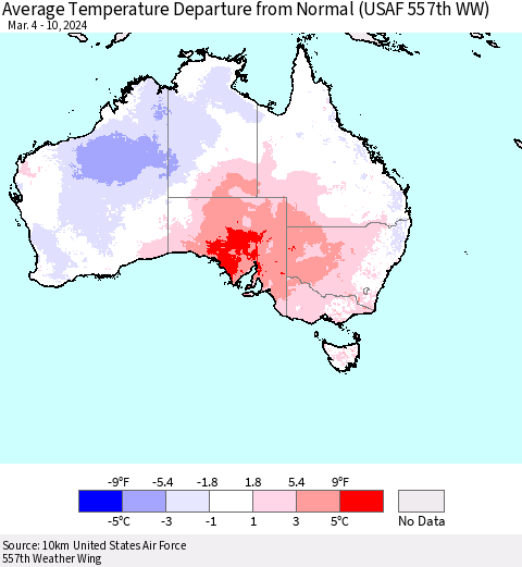 Australia Average Temperature Departure from Normal (USAF 557th WW) Thematic Map For 3/4/2024 - 3/10/2024