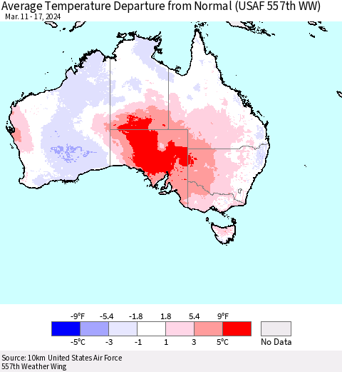 Australia Average Temperature Departure from Normal (USAF 557th WW) Thematic Map For 3/11/2024 - 3/17/2024