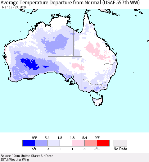 Australia Average Temperature Departure from Normal (USAF 557th WW) Thematic Map For 3/18/2024 - 3/24/2024