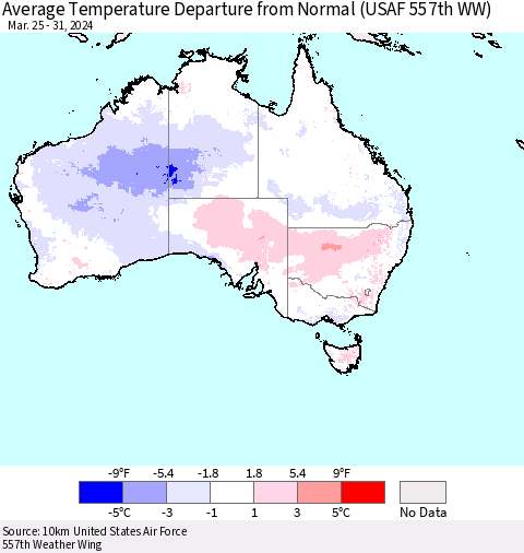 Australia Average Temperature Departure from Normal (USAF 557th WW) Thematic Map For 3/25/2024 - 3/31/2024