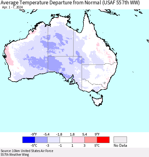 Australia Average Temperature Departure from Normal (USAF 557th WW) Thematic Map For 4/1/2024 - 4/7/2024