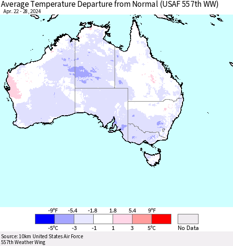 Australia Average Temperature Departure from Normal (USAF 557th WW) Thematic Map For 4/22/2024 - 4/28/2024