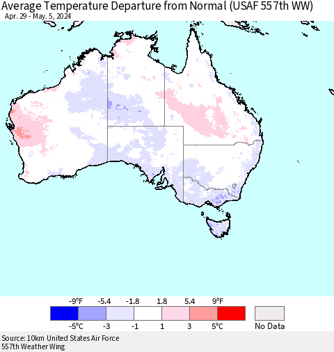 Australia Average Temperature Departure from Normal (USAF 557th WW) Thematic Map For 4/29/2024 - 5/5/2024