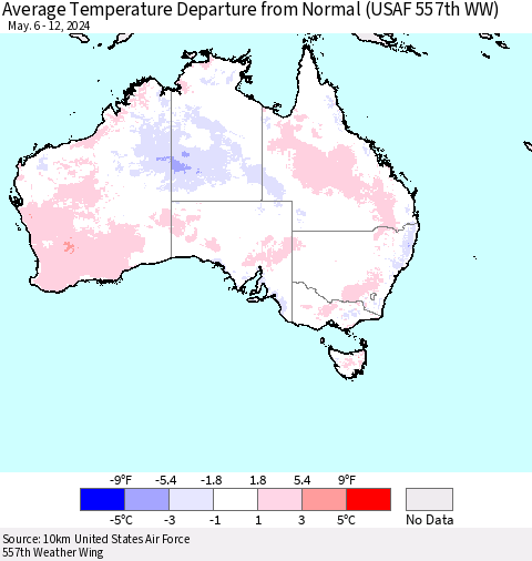Australia Average Temperature Departure from Normal (USAF 557th WW) Thematic Map For 5/6/2024 - 5/12/2024