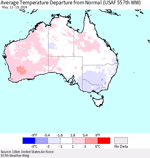 Australia Average Temperature Departure from Normal (USAF 557th WW) Thematic Map For 5/13/2024 - 5/19/2024