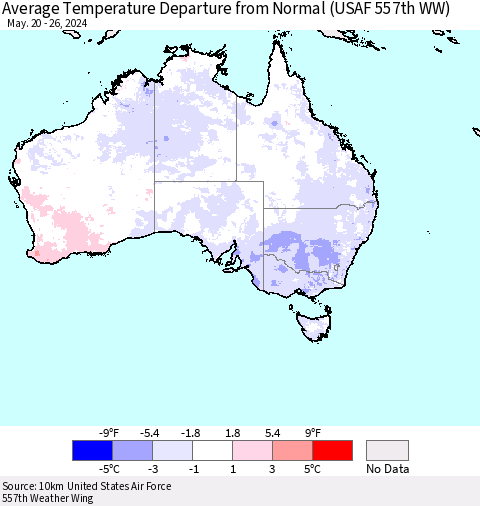 Australia Average Temperature Departure from Normal (USAF 557th WW) Thematic Map For 5/20/2024 - 5/26/2024