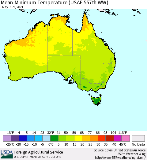Australia Mean Minimum Temperature (USAF 557th WW) Thematic Map For 5/3/2021 - 5/9/2021