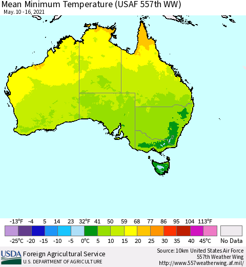Australia Mean Minimum Temperature (USAF 557th WW) Thematic Map For 5/10/2021 - 5/16/2021