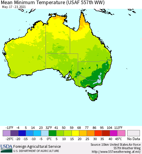 Australia Mean Minimum Temperature (USAF 557th WW) Thematic Map For 5/17/2021 - 5/23/2021