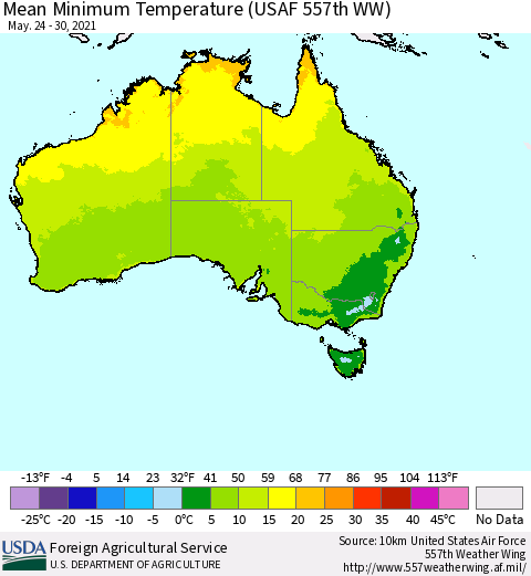Australia Mean Minimum Temperature (USAF 557th WW) Thematic Map For 5/24/2021 - 5/30/2021