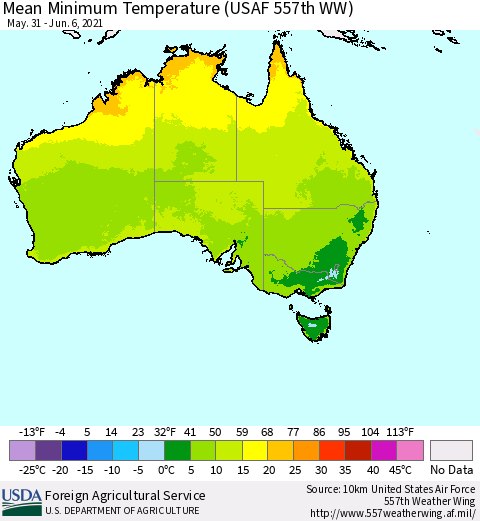 Australia Mean Minimum Temperature (USAF 557th WW) Thematic Map For 5/31/2021 - 6/6/2021