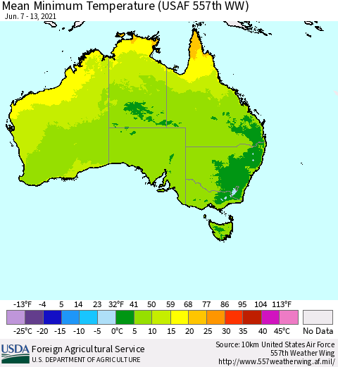 Australia Mean Minimum Temperature (USAF 557th WW) Thematic Map For 6/7/2021 - 6/13/2021