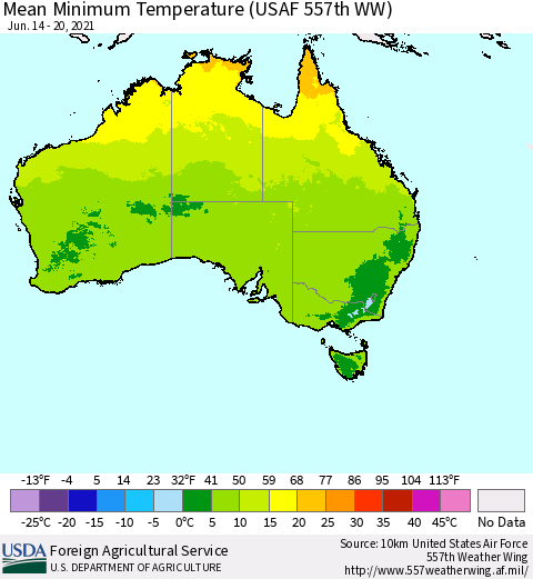 Australia Mean Minimum Temperature (USAF 557th WW) Thematic Map For 6/14/2021 - 6/20/2021