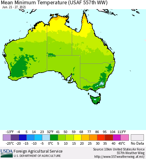Australia Mean Minimum Temperature (USAF 557th WW) Thematic Map For 6/21/2021 - 6/27/2021