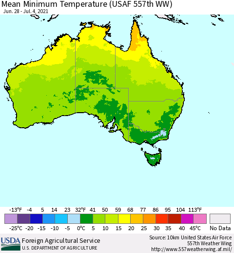 Australia Mean Minimum Temperature (USAF 557th WW) Thematic Map For 6/28/2021 - 7/4/2021