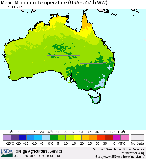 Australia Mean Minimum Temperature (USAF 557th WW) Thematic Map For 7/5/2021 - 7/11/2021