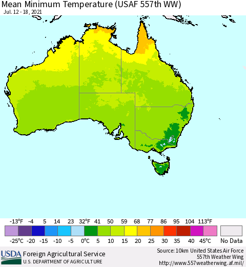 Australia Mean Minimum Temperature (USAF 557th WW) Thematic Map For 7/12/2021 - 7/18/2021