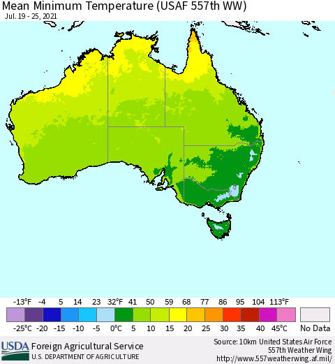 Australia Mean Minimum Temperature (USAF 557th WW) Thematic Map For 7/19/2021 - 7/25/2021