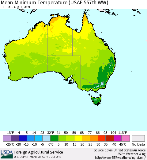 Australia Mean Minimum Temperature (USAF 557th WW) Thematic Map For 7/26/2021 - 8/1/2021