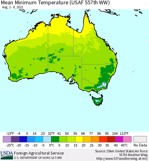 Australia Mean Minimum Temperature (USAF 557th WW) Thematic Map For 8/2/2021 - 8/8/2021