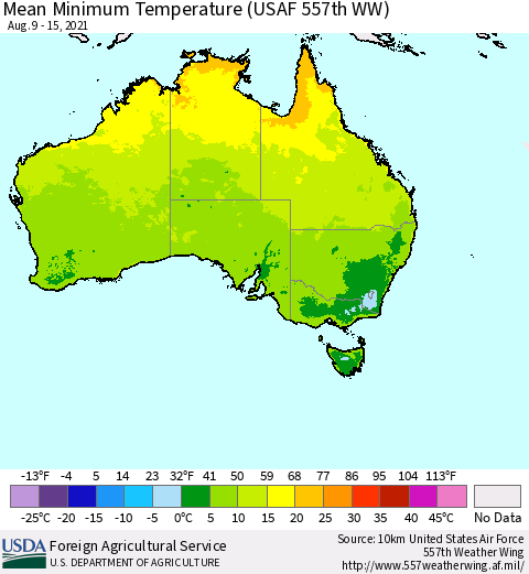 Australia Mean Minimum Temperature (USAF 557th WW) Thematic Map For 8/9/2021 - 8/15/2021