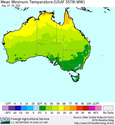 Australia Mean Minimum Temperature (USAF 557th WW) Thematic Map For 8/23/2021 - 8/29/2021