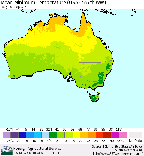 Australia Mean Minimum Temperature (USAF 557th WW) Thematic Map For 8/30/2021 - 9/5/2021