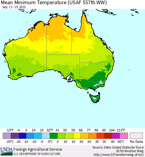 Australia Mean Minimum Temperature (USAF 557th WW) Thematic Map For 9/13/2021 - 9/19/2021