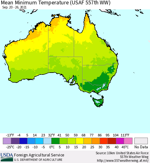 Australia Mean Minimum Temperature (USAF 557th WW) Thematic Map For 9/20/2021 - 9/26/2021