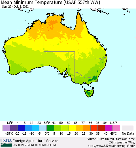 Australia Mean Minimum Temperature (USAF 557th WW) Thematic Map For 9/27/2021 - 10/3/2021